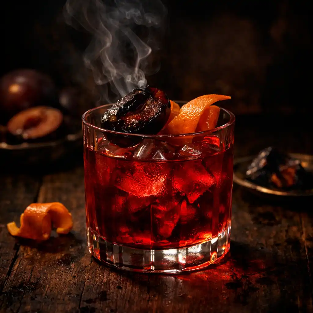 Füstölt Szilva Negroni sötét pohárban, füstölt szilvával és narancshéjjal