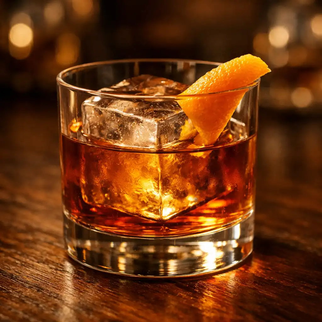 Izvero Old Fashioned koktél alacsony pohárban, narancshéjjal díszítve