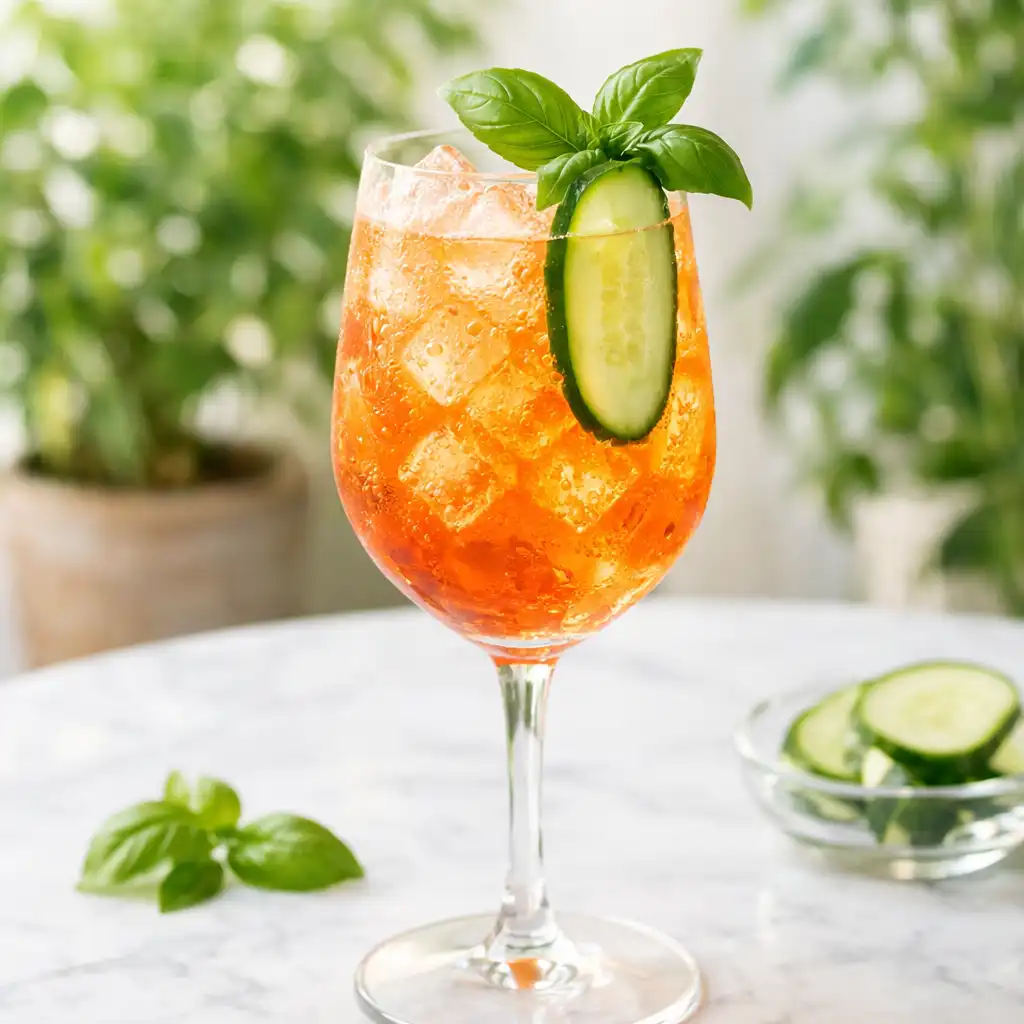 Kerti Bazsalikom Spritz magas pohárban, bazsalikomlevéllel és uborkaszelettel