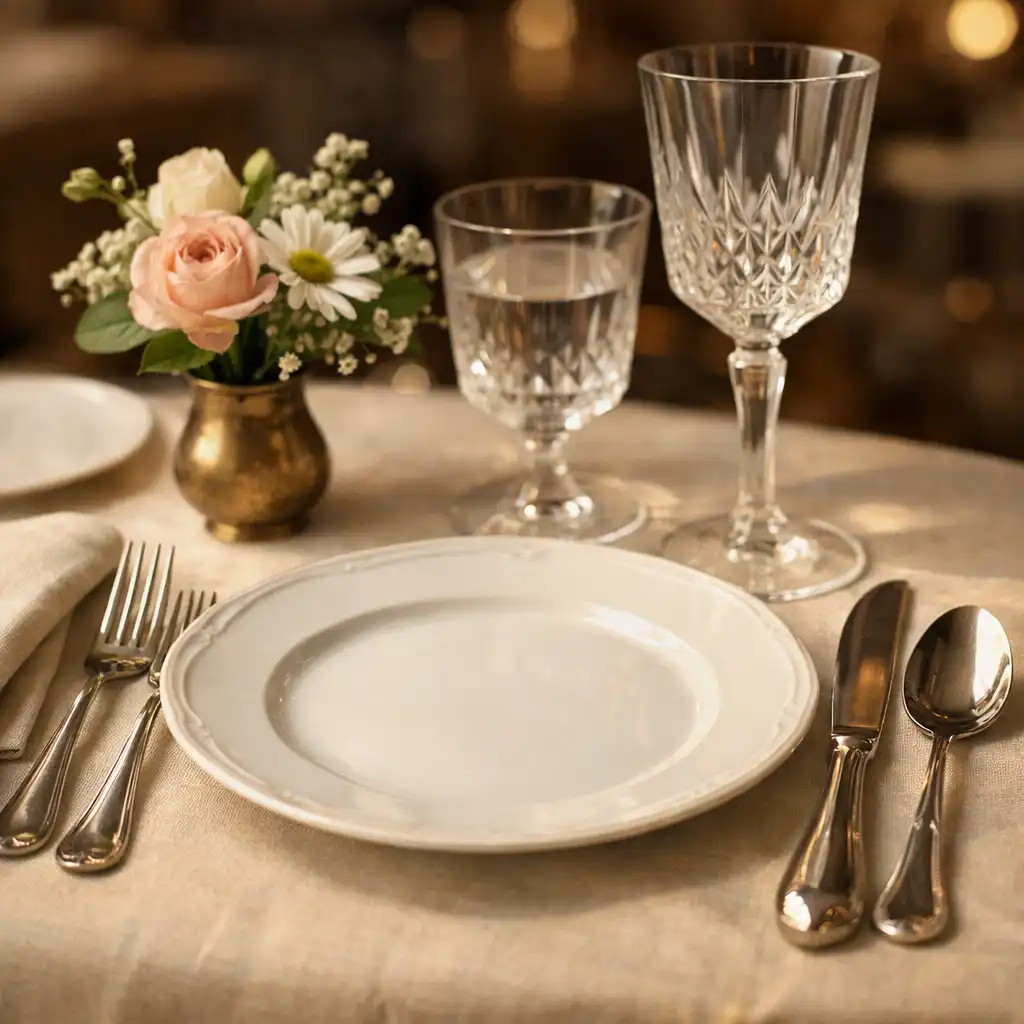 Közeli kép egy elegáns terítésről az Izvero étteremben, lenvászon terítővel, porcelán tányérral és ezüst evőeszközökkel